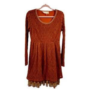 A'reve Lace Overlay Diamond Pattern Knit Dress S‎ Cottagecore Boho Peasant Rust
